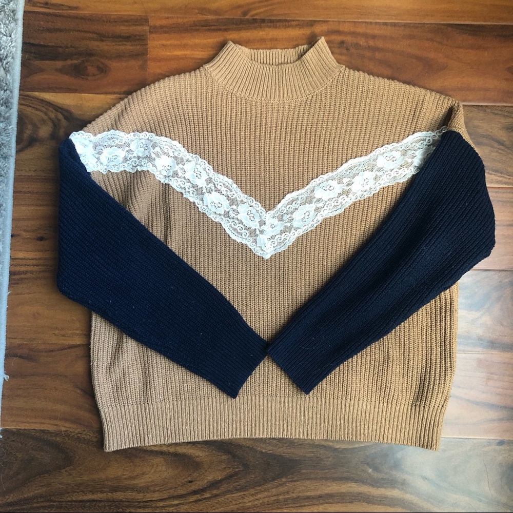 Color Block Lace Mock Neck Sweater